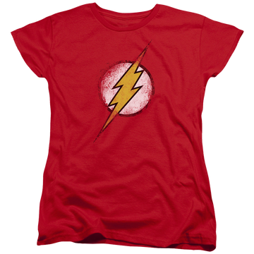 Red women's t-shirt with The Flash Destroyed Flash Logo graphic