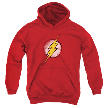 Red youth hoodie for ages 8 to 12 with The Flash Destroyed Flash Logo graphic