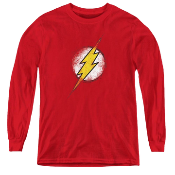 Red youth long sleeve t-shirt with The Flash Destroyed Flash Logo graphic