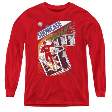 Red youth long sleeve t-shirt with The Flash Showcase #4 Cover graphic