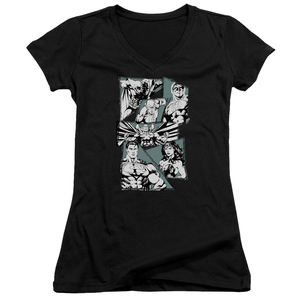 Justice League A Mighty League Juniors V-Neck T-Shirt Juniors V-Neck T-Shirt Justice League
