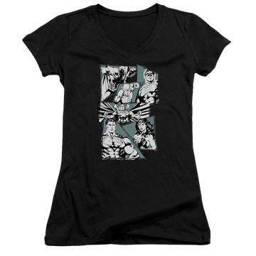 Black juniors v-neck t-shirt with Justice League A Mighty League graphic