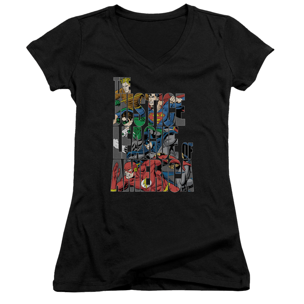 Justice League Lettered League Juniors V-Neck T-Shirt Juniors V-Neck T-Shirt Justice League