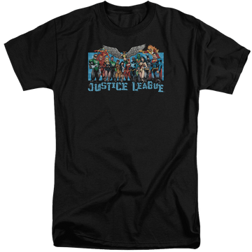 Black men's tall fit t-shirt with Justice League League Lineup graphic