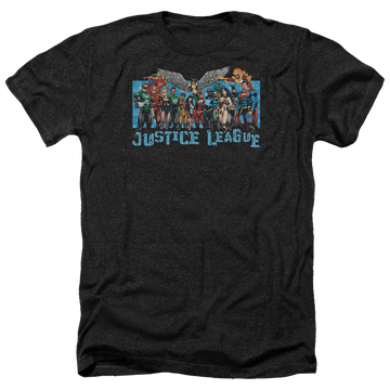 Charcoal men's heather t-shirt with Justice League League Lineup graphic