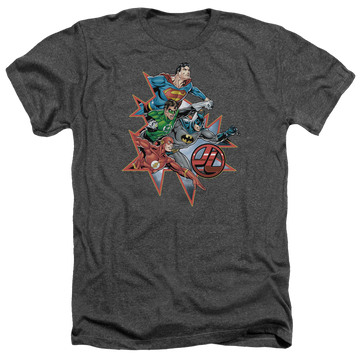 Charcoal men's heather t-shirt with Justice League Starburst graphic