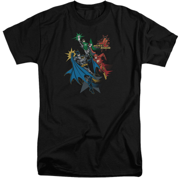 Black men's tall fit t-shirt with Justice League Action Stars graphic