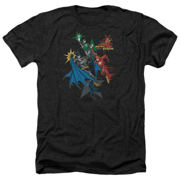 Charcoal men's heather t-shirt with Justice League Action Stars graphic