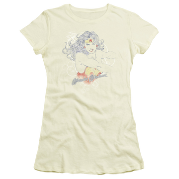 Cream juniors t-shirt with Wonder Woman Justice League Sketch Truth graphic