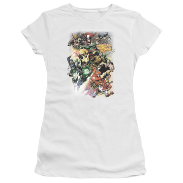 White juniors t-shirt with Justice League Brightest Day #0 graphic