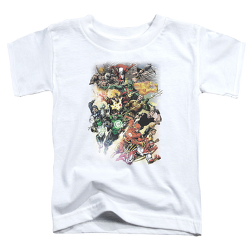 White toddler t-shirt with Justice League Brightest Day #0 graphic