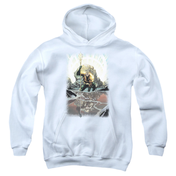 White youth hoodie for ages 8 to 12 with Brightest Day Aquaman graphic