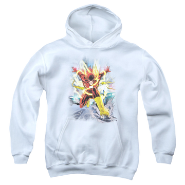 White youth hoodie for ages 8 to 12 with The Flash Brightest Day Flash graphic