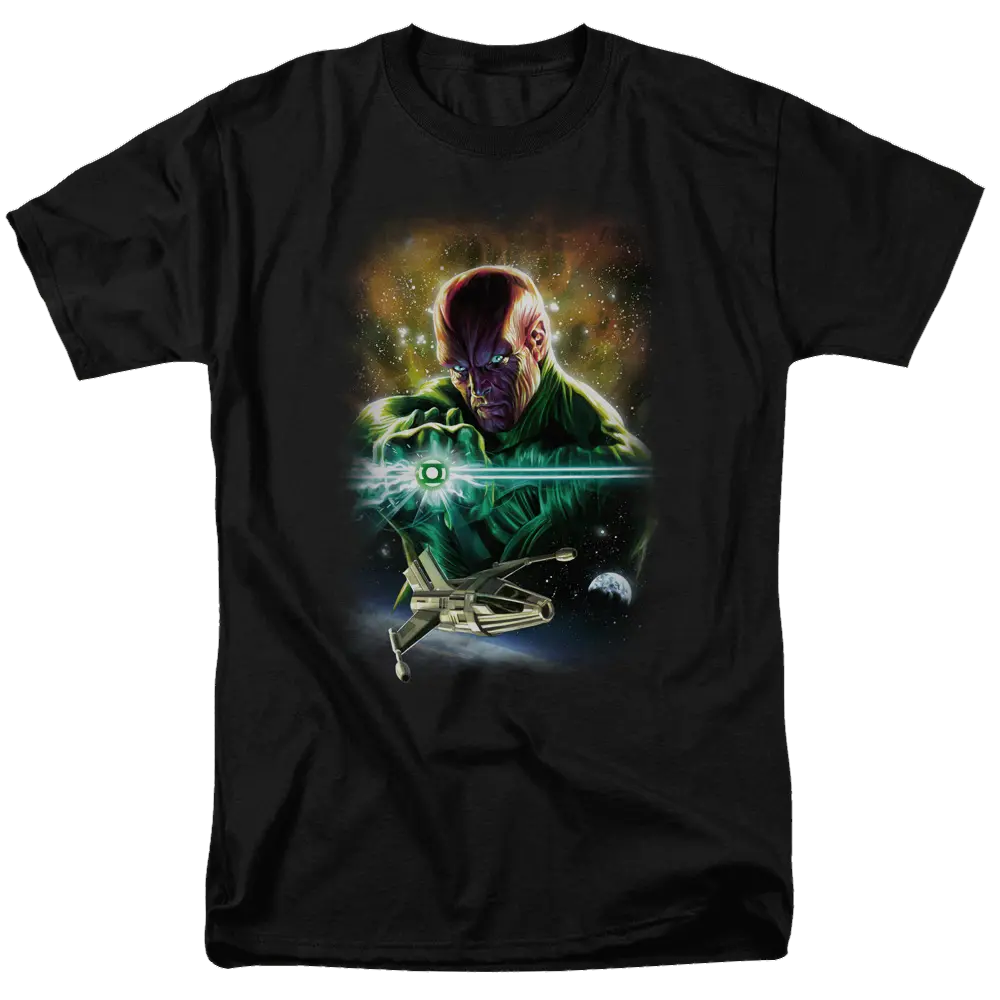 Black men's t-shirt featuring Abin Sur from Justice League with glowing green Lantern ring and spaceship design.