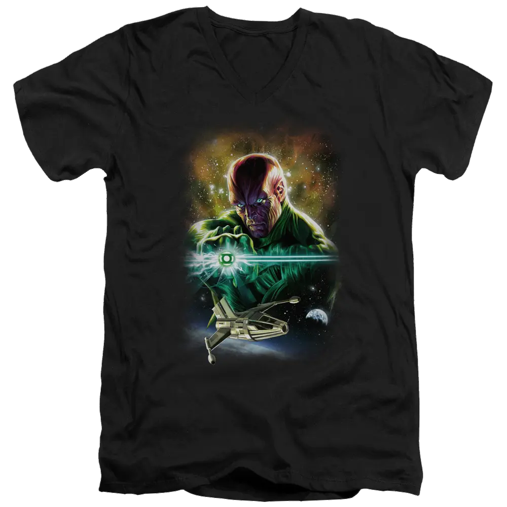 Black men's V-neck t-shirt featuring a colorful Green Lantern Abin Sur graphic with spaceship and cosmic background.