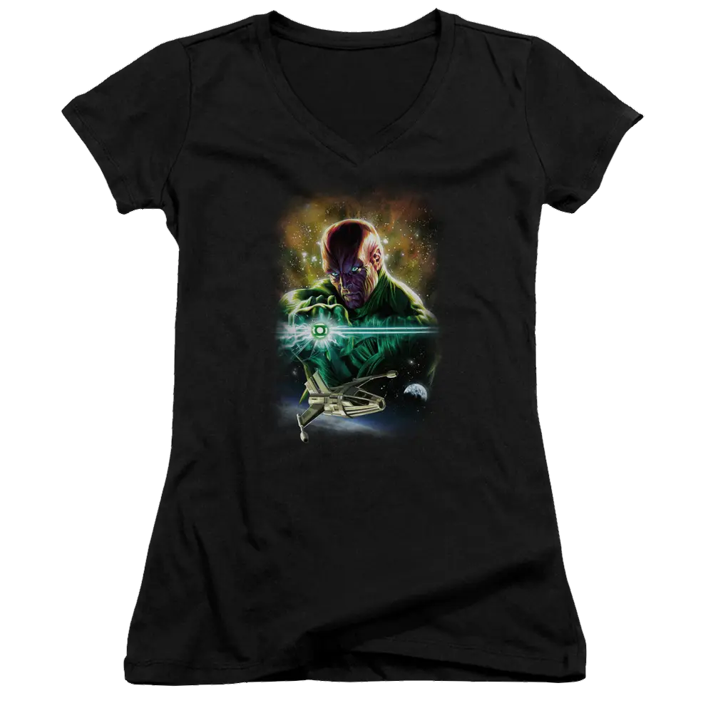 Black juniors v-neck t-shirt with glowing Green Lantern Abin Sur graphic on front.
