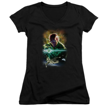 Black juniors v-neck t-shirt with glowing Green Lantern Abin Sur graphic on front.