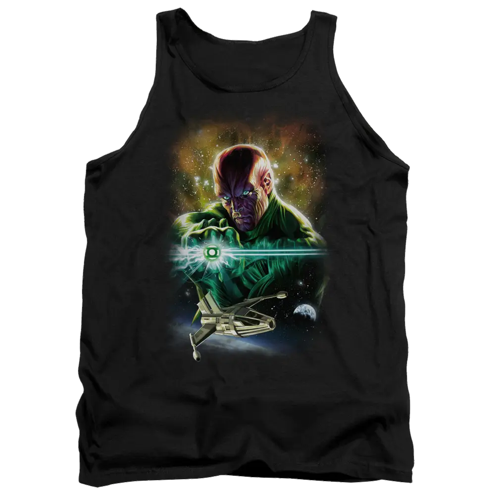 Black men's tank top with vibrant Abin Sur Green Lantern graphic and spaceship design.