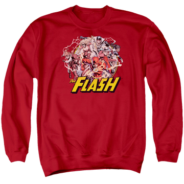 Red men's crewneck sweatshirt with Flash Family graphic