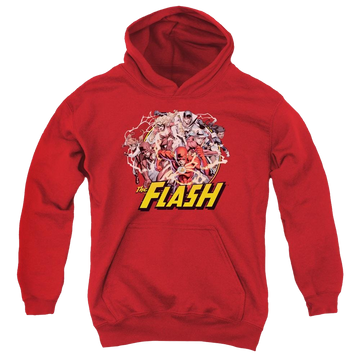 Red youth hoodie for ages 8 to 12 with Flash Family graphic