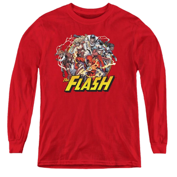 Red youth long sleeve t-shirt with Flash Family graphic