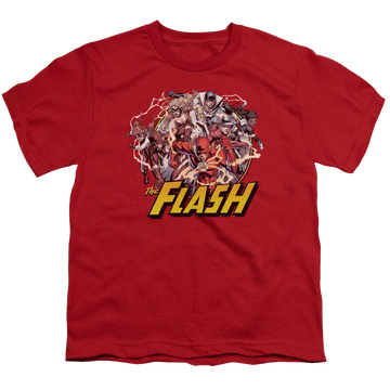 Red youth t-shirt for ages 8 to 12 with Flash Family graphic