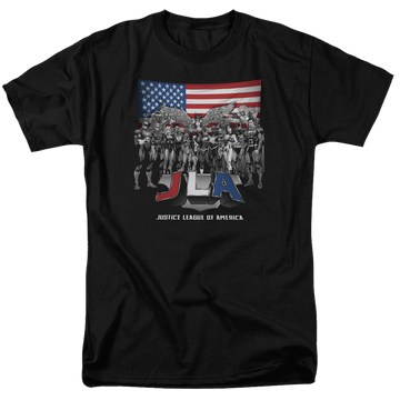 Black men's regular fit t-shirt with Justice League All American League graphic