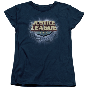 Navy women's t-shirt with Justice League Storm Logo graphic