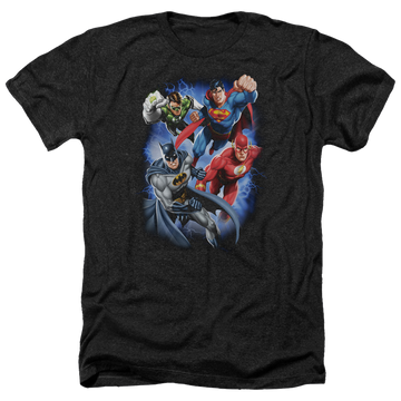 Charcoal men's heather t-shirt with Justice League Storm Makers graphic
