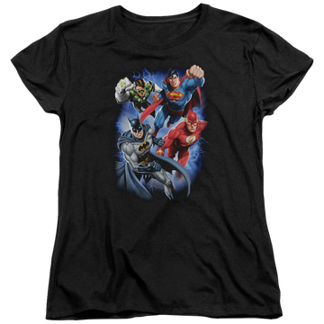 Black women's t-shirt with Justice League Storm Makers graphic