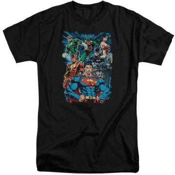 Black men's tall fit t-shirt with Justice League Justice Is Served graphic