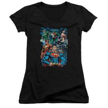 Black juniors v-neck t-shirt with Justice League Justice Is Served graphic