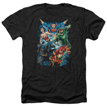 Charcoal men's heather t-shirt with Justice League Jl Assemble graphic