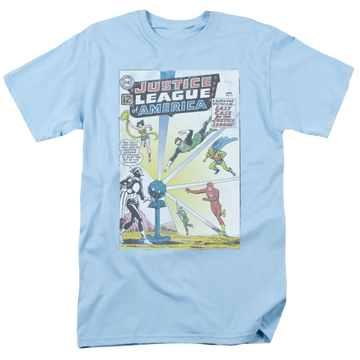 Light blue men's regular fit t-shirt with Justice League Vintage Cover 12 graphic