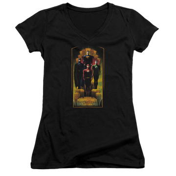 Black juniors v-neck t-shirt with Justice League Deco graphic