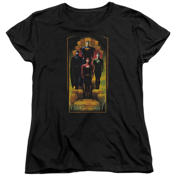 Black women's t-shirt with Justice League Deco graphic