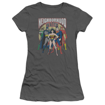 Charcoal juniors t-shirt with Justice League Neighborhood Watch graphic