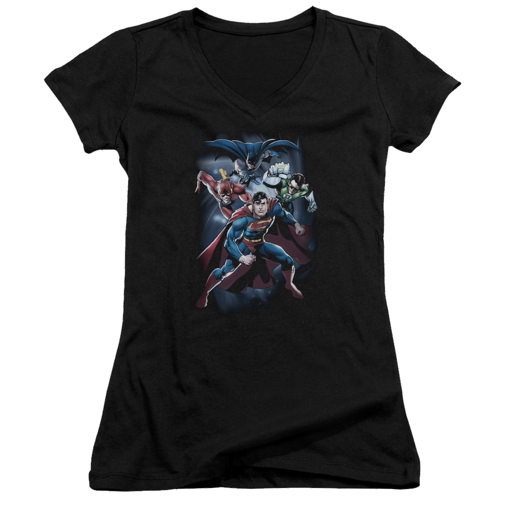 Justice League Cosmic Crew Juniors V-Neck T-Shirt Juniors V-Neck T-Shirt Justice League