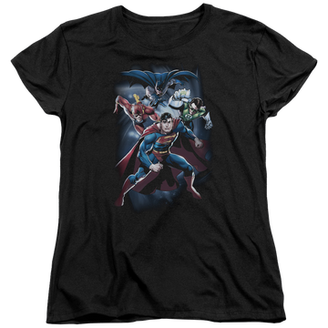 Black women's t-shirt with Justice League Cosmic Crew graphic