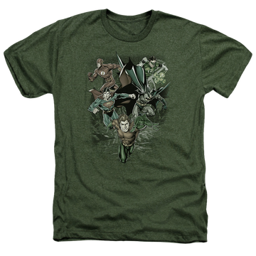 Military green men's heather t-shirt with Justice League Spacing Out graphic