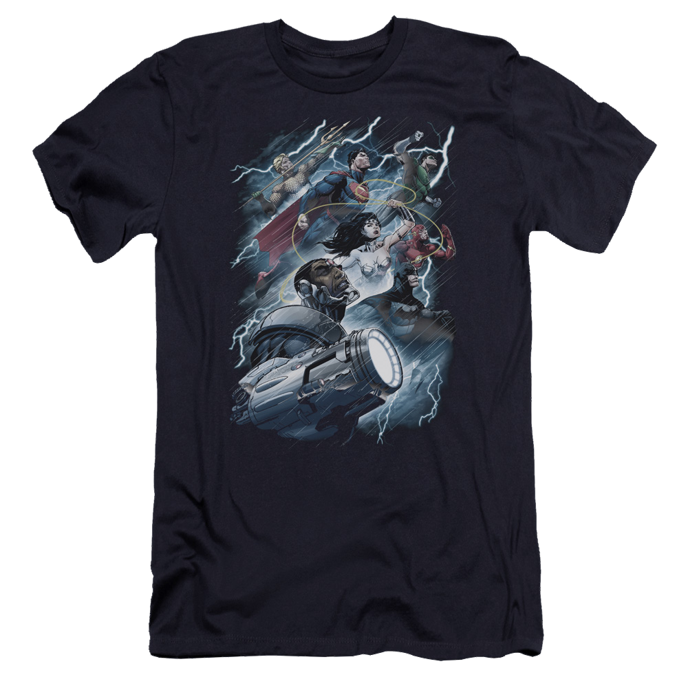 Justice League Ride The Lightening Men's Premium Slim Fit T-Shirt Men's Premium Slim Fit T-Shirt Justice League