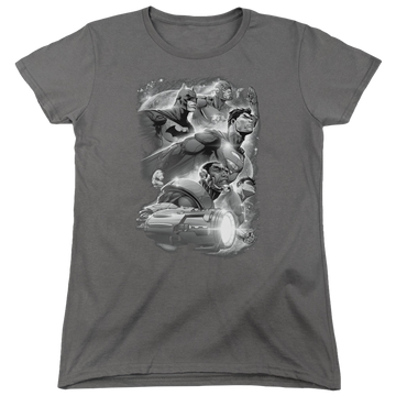 Charcoal women's t-shirt with Justice League Atmospheric graphic