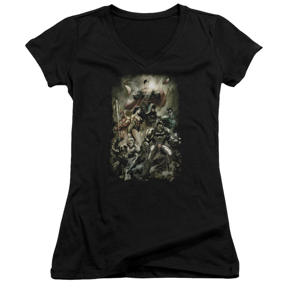 Justice League Aftermath Juniors V-Neck T-Shirt Juniors V-Neck T-Shirt Justice League