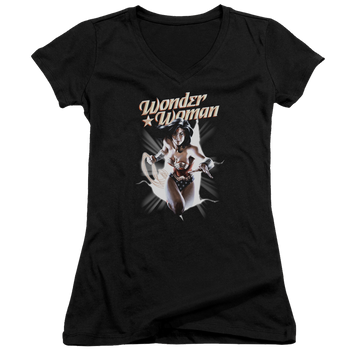 Black juniors v-neck t-shirt with Wonder Woman Justice League Ww Break Out graphic