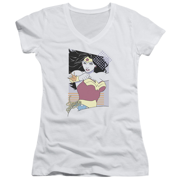 White juniors v-neck t-shirt with Wonder Woman Justice League Ww 80s Minimal graphic