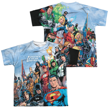 Justice League Of America youth all-over print t-shirt for ages 8 to 12