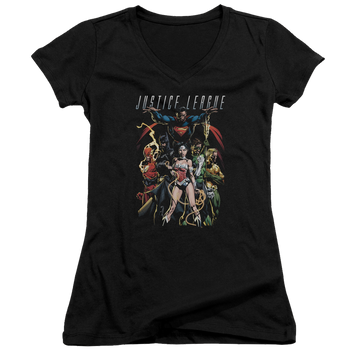 Black juniors v-neck t-shirt with Justice League Dark Days graphic