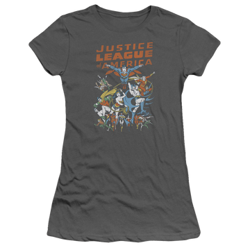 Charcoal juniors t-shirt with Justice League Big Group graphic