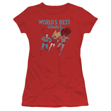 Red juniors t-shirt with Justice League Worlds Best graphic