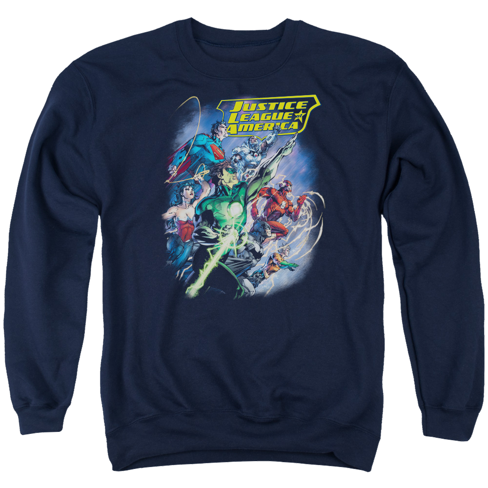 Justice League Onward Men's Crewneck Sweatshirt Men's Crewneck Sweatshirt Justice League